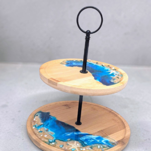Présentoir à gâteau bois & résine  "esprit bord de mer"